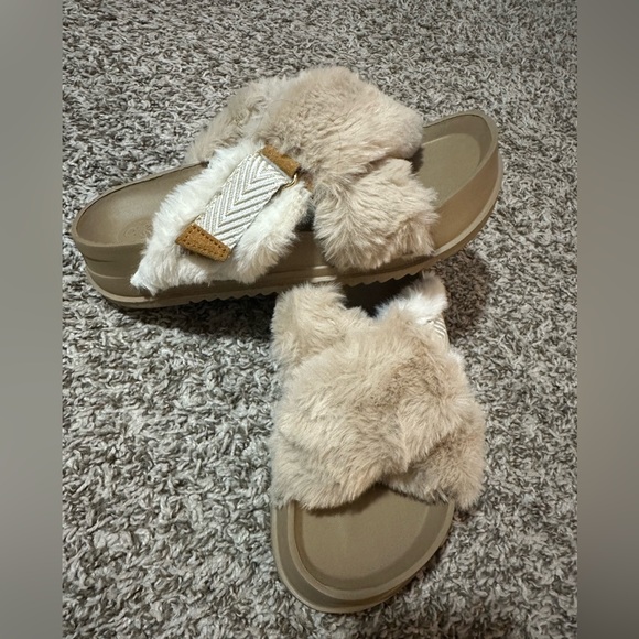 Kuailu Women’s Fluff Slippers Plantar Fasciitis Arch Support Platform Open Toe - Picture 2 of 4